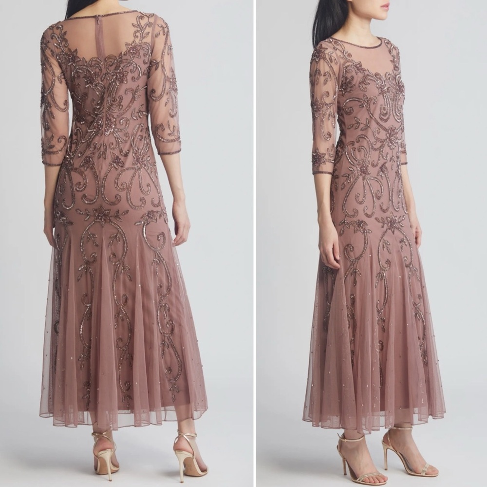 Pisarro Nights Beaded Illusion Neck Gown Mauve Tulle Flare Godet Hem Midi Size 6 - Picture 2 of 14